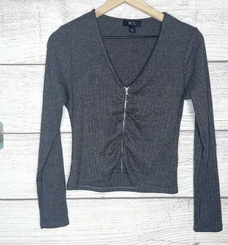 BCX NWT Gray Ribbed Zipper Front V Neck Ruched Long Sleeve Cropped Top Medium