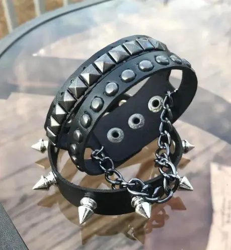 2 PCs faux leather chain spike studded Bracelets — Black