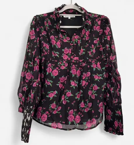 Melissa Nepton micro floral pink rose peasant Aubrey feminine Cottagecore top L Black Size L