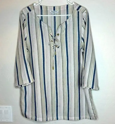 Tommy Bahama  Women's 3/4 Sleeve Striped Linen Tunic Top L Lace Up V Neck Boho