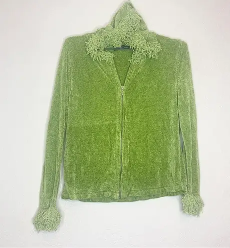 Valerie Stevens Vintage Y2K Green Super Soft Fluffy Fringe Trimmed Zip Up Hoodie Size L