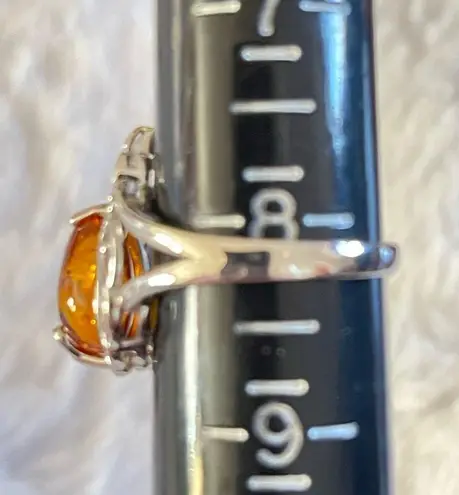 Natural Baltic Honey Amber pear shaped silver ring, size 8