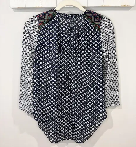 Ezra Boho Embroidered Tassel Blouse Navy White XS