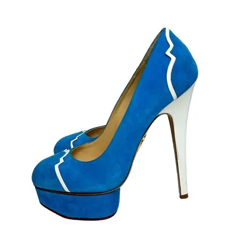 Charlotte Olympia Pumps Womens 37 Blue Suede DOLLY Platform Heels shoes $995