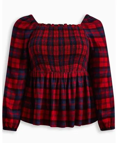 Torrid  Red Plaid Brushed Rayon Acrylic Smocked Babydoll Top Sz.2 NWT