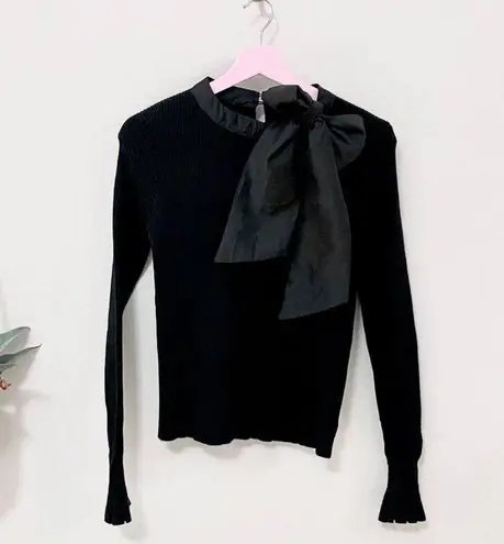 Chicwish Black Bow Long Sleeve Ribbed Knit Fitted Top Size M