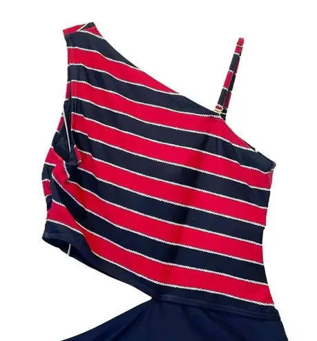 Michael Kors  Nautical Striped One Shoulder Cut Out One Piece Swimsuit Size 14