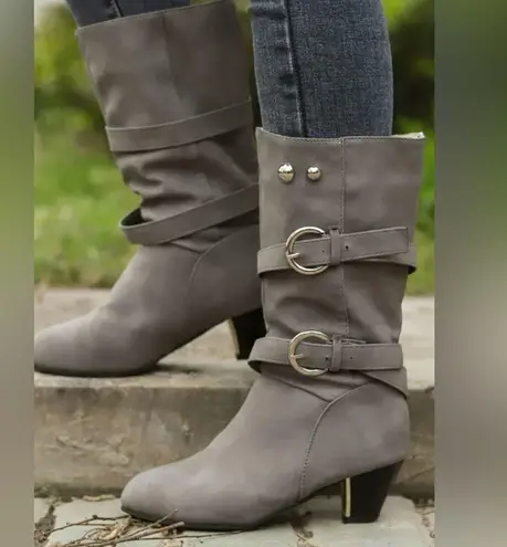 Women Gray Faux Suede Heeled Boots with Slouchy Design and Silver Buckles Size undefined