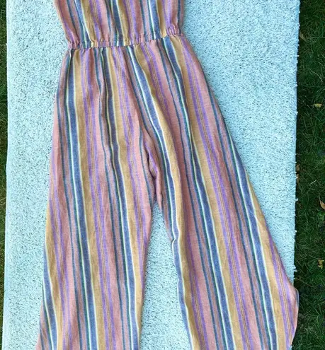 Drew Colorful Open Leg Wide Leg Bohemian Stripe Linen Jumpsuit
