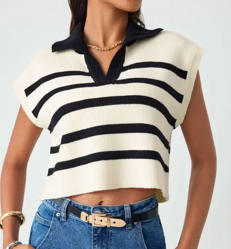 Cider V Neck Cap Sleeve Sweater Vest Top Casual Trendy Striped Cream Black Sz. S