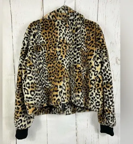 Nine West  Faux Fur Bomber Jacket Cropped Zip Jacket Animal Print