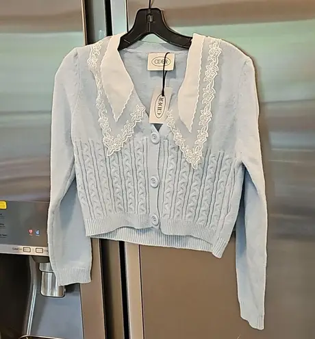 Cider ππ Cute Granny Crop Doll Collar Cardigan Sweater Grannycore ~ Blue NWT