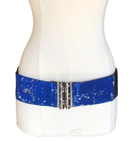 Oker NIP Women’s Blue Silver Sequin Elastic Waistband Rhinestones Buckle Belt