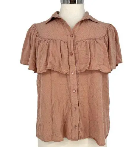 Downeast Pink Ruffled Button-Down Blouse Short Sleeve Size Medium