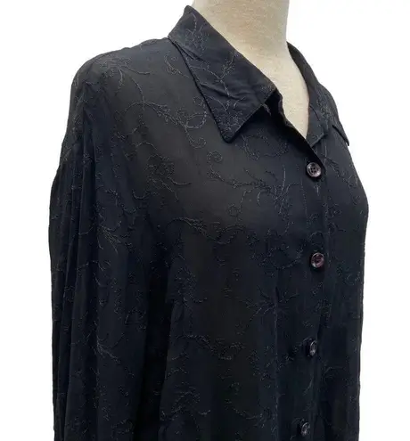 carole little Vintage Black Mesh Lace Floral Embroidered Button Down