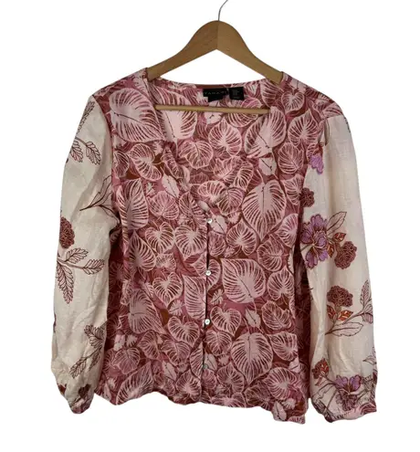 Tahari 100% Linen Floral Blouse Medium Pink Botanical Leaf Boho Cottage Resort