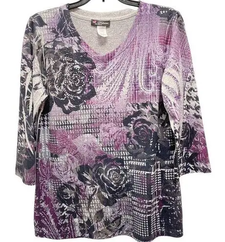 Houndstooth Love Delirious Womens Medium VNeck  Roses Print Y2K Purple Top Blouse