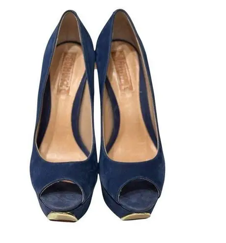 Schutz Navy Suede Peep Toe Platform Heels Gold Tip Size 6B / EU 37