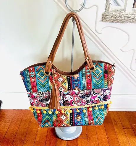 Vibrant Colorful Shoulder Bag with Pom Poms Yellow