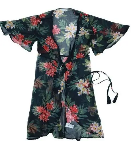 American Eagle  Black Floral Sheer Boho Kimono  Summer Cover-Up Size XS-S