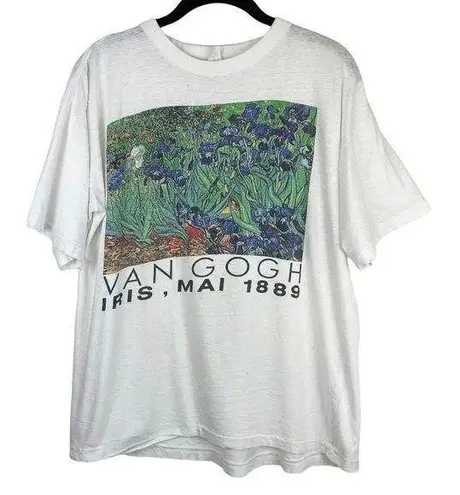 Vintage 90s Van Gogh Irises Painting Single Stitch Tee Tshirt Graphic Art L/XL White