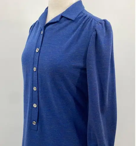 Vintage 80s Knit Shirtdress Button Down Cuffed Long Sleeve Collared Blue size M Size M