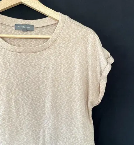 Hudson Bay light beige peach short sleeved shirt ruffle detail women's size S