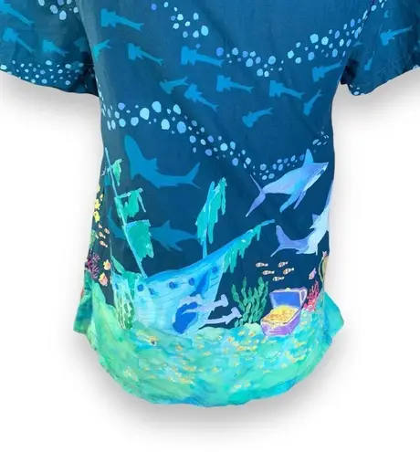 Modcloth  Blue Button Front Short Sleeve Shirt Aquatic Shipwreck Shark Collared