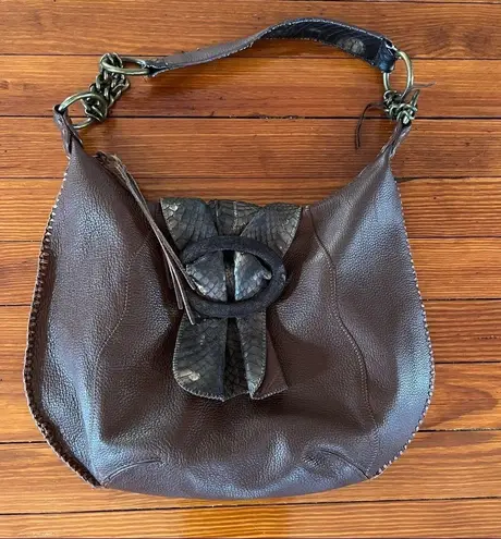 Chi Boho Brown Leather with Snake Skin Handle And Magnetic Snake Skin Closure.