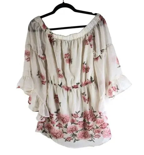 Hint of Blush Boho Floral Off-Shoulder Mini Dress White Pink Size S