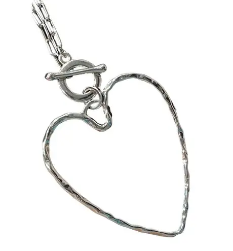 Large Silver Hammered OpenHeart Pendant Necklace 32" Silver Toggle Chain