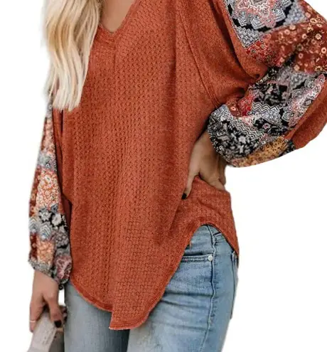 ORANGE CONTRAST EYELET KNIT TOP Size M