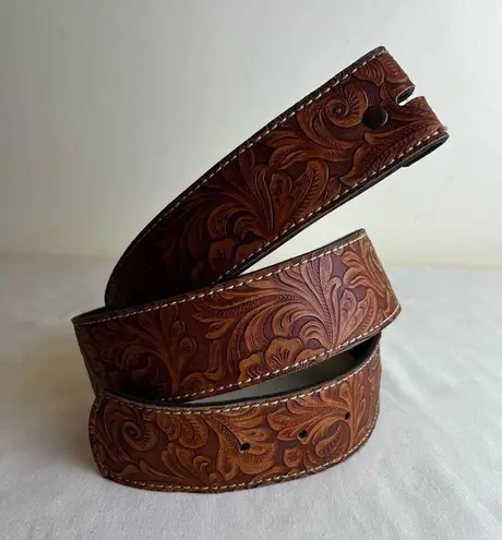 Retro Faux Leather Belt Brown Floral Tooled No Buckle Western Country Boho XL Size 40