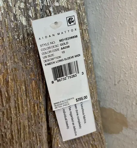 Aidan Mattox Dress Gold V-Neck Long Blouson Sleeve Tea Length A-Line Sz 12 NWT
