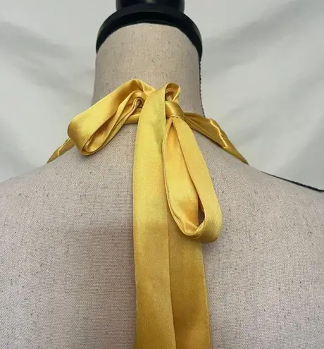 AUW Halter Dress Sz Medium Bright Yellow Shiny Pleated Babydoll Tie Retro Y2K