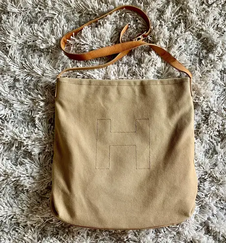 Hunter Tan/Brown Canvas  Bucket Bag Crossbody Leather Detailing Purse Boho Bohemian Neutrals Minimalist Earth Tones 