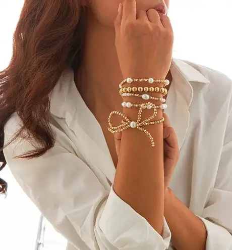 NEW 5pc set Boho Chunky Gold Beaded Bracelet Set Coquette Bow with Pearls
