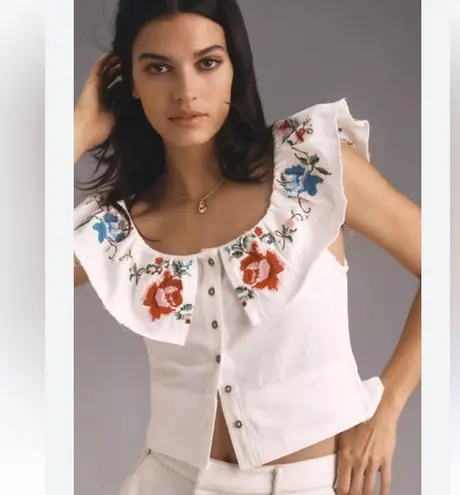 PILCRO FOR ANTHRO FLORAL NEEDLEPOINT EMBROIDERY BUTTON RUFFLE COLLAR COTTON CROP White Size XS