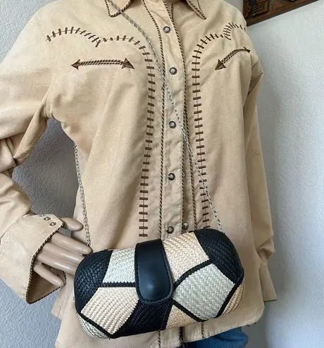 New Handmade Buntal Straw Clutch Purse Chain Strap Magnetic Snap Closure Tan Brown