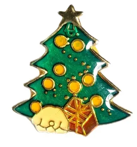 Vintage Enamel Christmas Holiday Tree Presents Pin Stocking Stuffers Green
