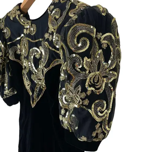 Jessica McClintock Vintage Black Velvet Gold Sequin Puffy Half Sleeves Dress