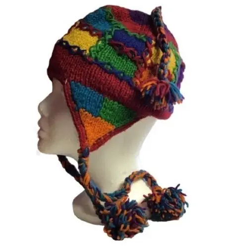 Boho hippie chic bright patchwork ear flap hat