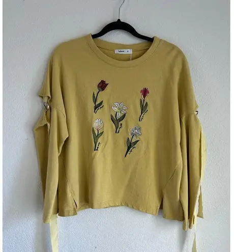 Believe... Floral Embroidered 3/4 Sleeve Cut Out Arm Tie Yellow Sweater Size XL