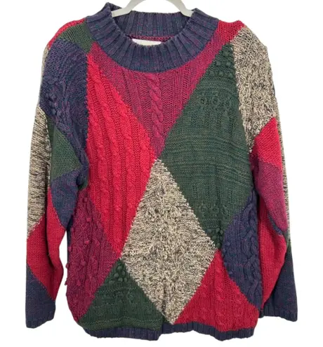 Vintage Casual Corner Knitted by Hand Patchwork Sweater Cable Knit Bobble Red Size XL