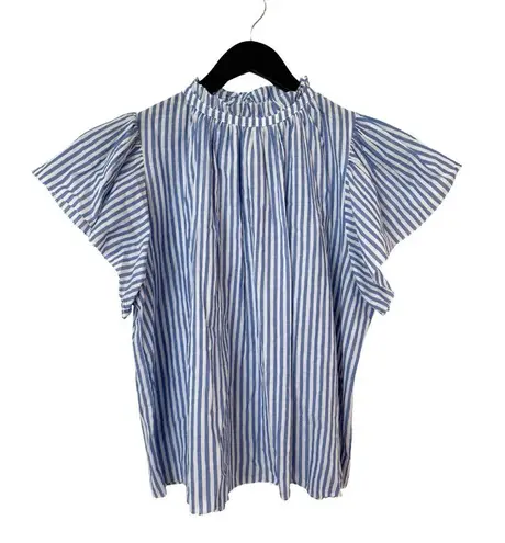 Trovata Small Carla Highneck Shirt in Blue White Stripe Flutter Sleeve Preppy