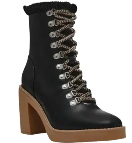 Dolce Vita Carmen Faux Fur Shearling Lace Up Heeled Boots Women's 9 Black NWOB