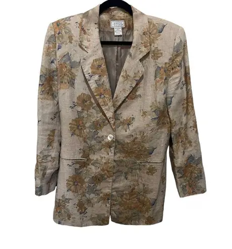 Jennifer Moore VTG  Taupe Floral Watercolor Print  Linen Jacket Blazer Sz…