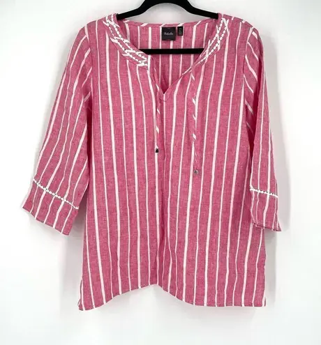 Rafaella Linen Striped lace Tie Top Pink White Large nautical July 4 coastal EUC