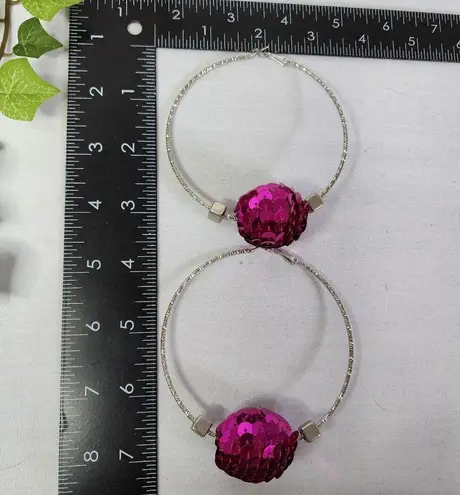 Large Silver Statement Hoop Earrings with Fuchsia Pink Sequin Disco Ball New