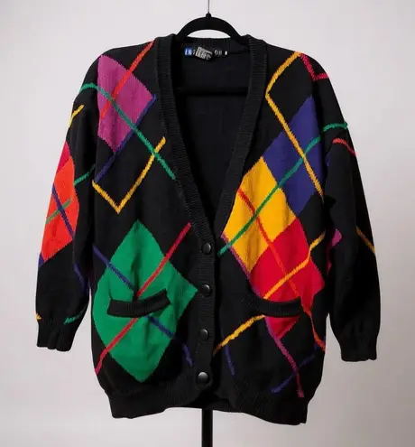 I B Diffusion Black Multi Color Argyle Diamond Knit Cardigan Sweater M Size M
